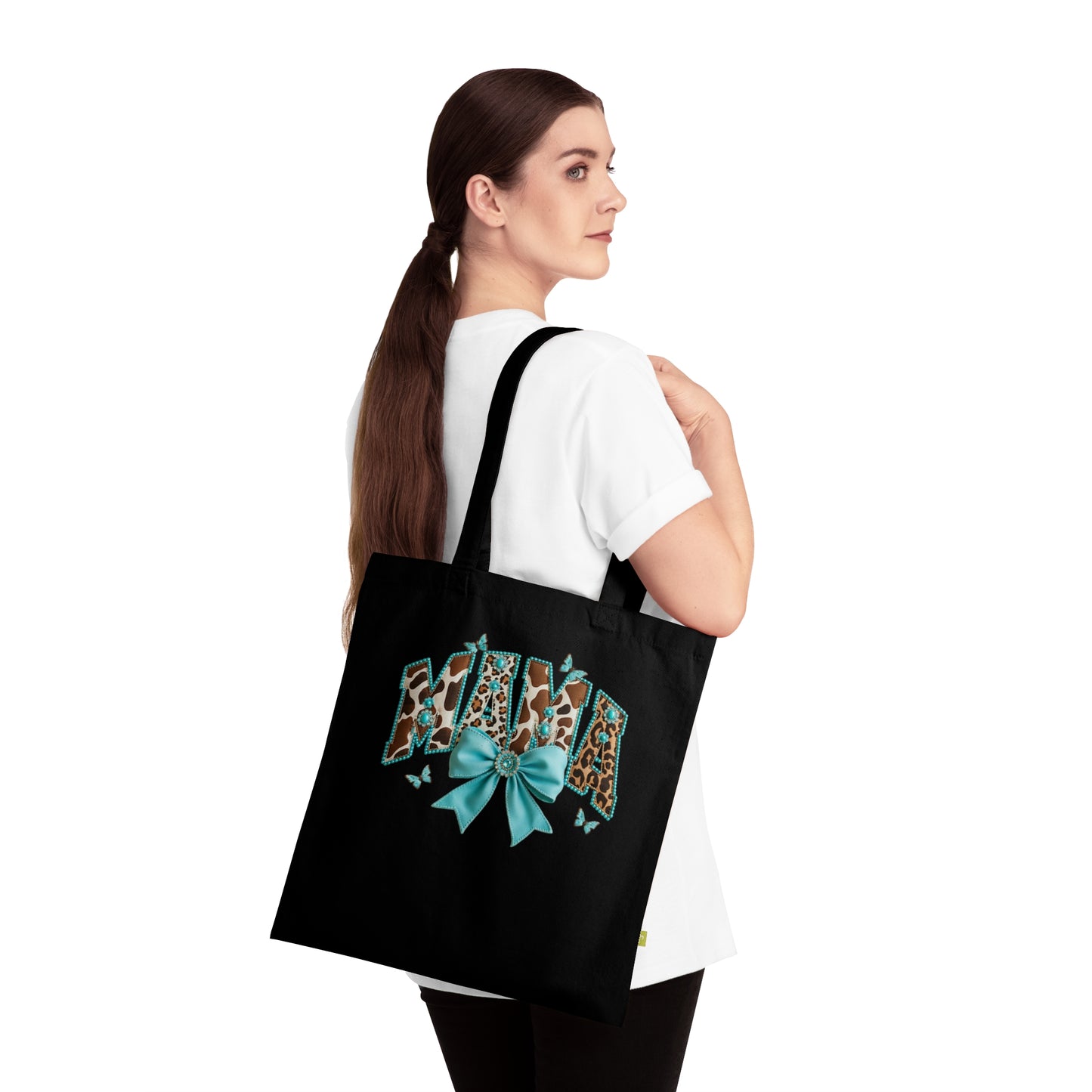 Mama Tote Bag – Turquoise Leopard Bow Organic Cotton Market Tote