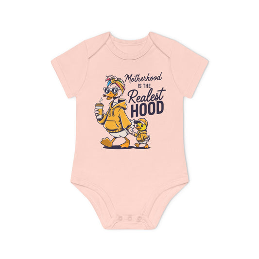 Baby Bodysuit "Motherhood is the Realest Hood" Cute Duck Family Organic Infant Onesie