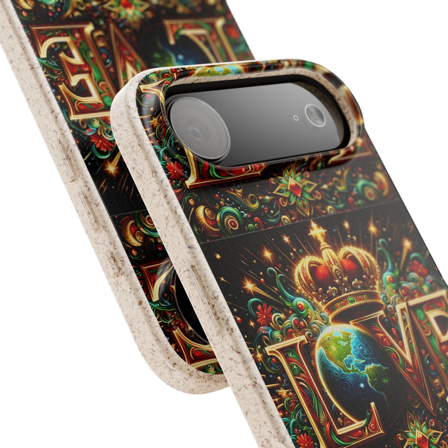 Biodegradable Phone Case — Vintage ‘LOVE’ Globe & Crown Eco-Friendly Protective Cover