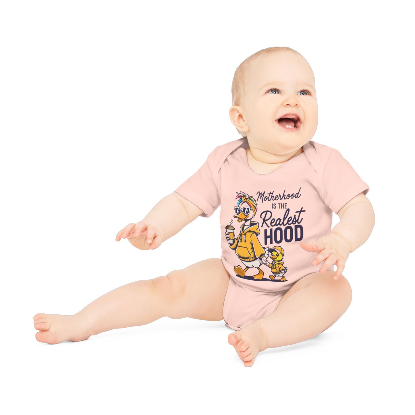 Baby Bodysuit "Motherhood is the Realest Hood" Cute Duck Family Organic Infant Onesie