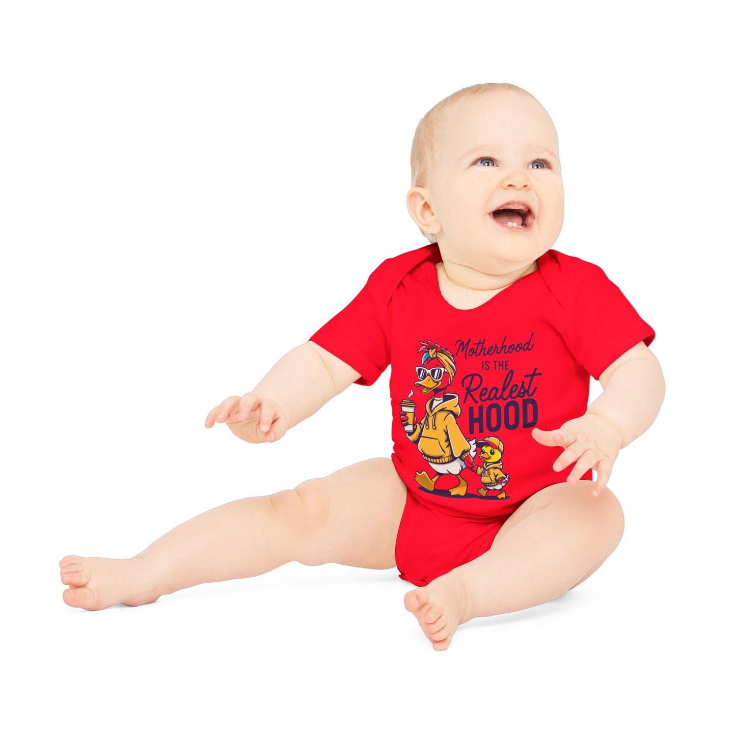 Baby Bodysuit "Motherhood is the Realest Hood" Cute Duck Family Organic Infant Onesie