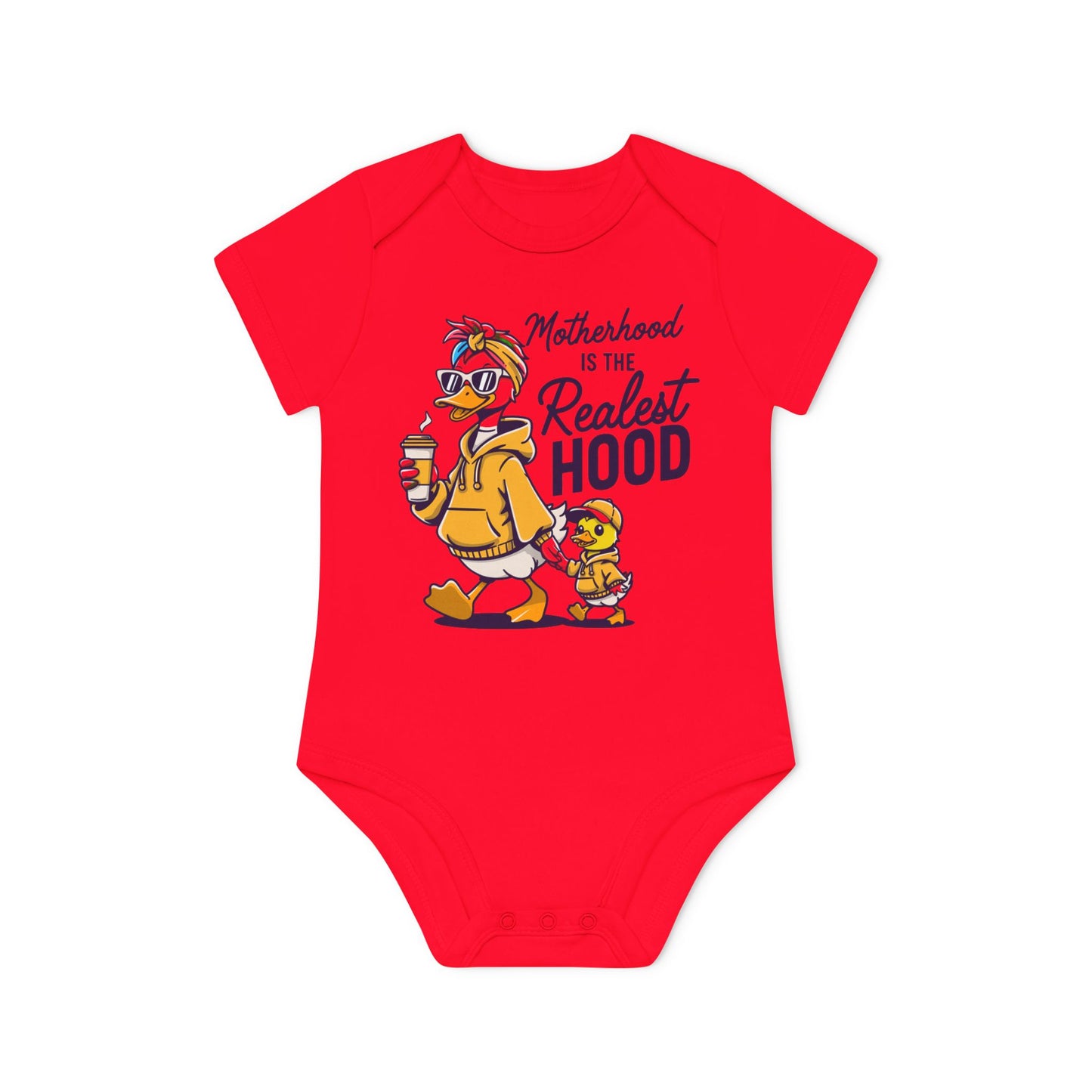 Baby Bodysuit "Motherhood is the Realest Hood" Cute Duck Family Organic Infant Onesie