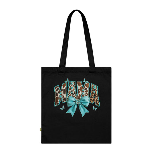 Mama Tote Bag – Turquoise Leopard Bow Organic Cotton Market Tote