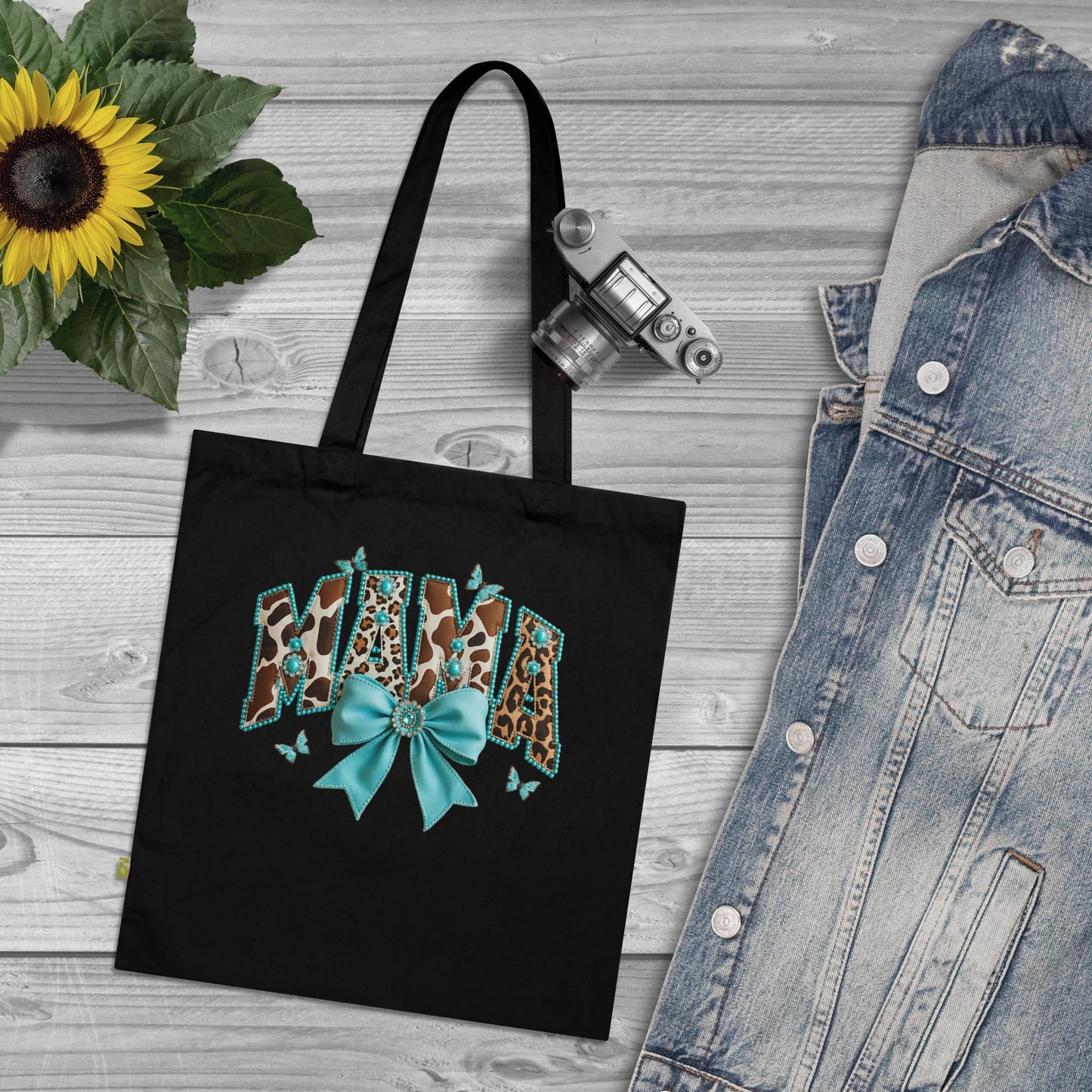 Mama Tote Bag – Turquoise Leopard Bow Organic Cotton Market Tote