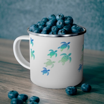 Sea Turtle Enamel Camping Mug — Blue Green Turtle Pattern Travel Cup